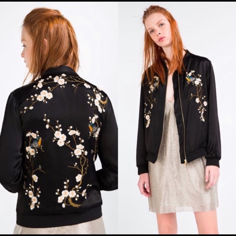 Zara Embroidered Satin Bomber Jacket M